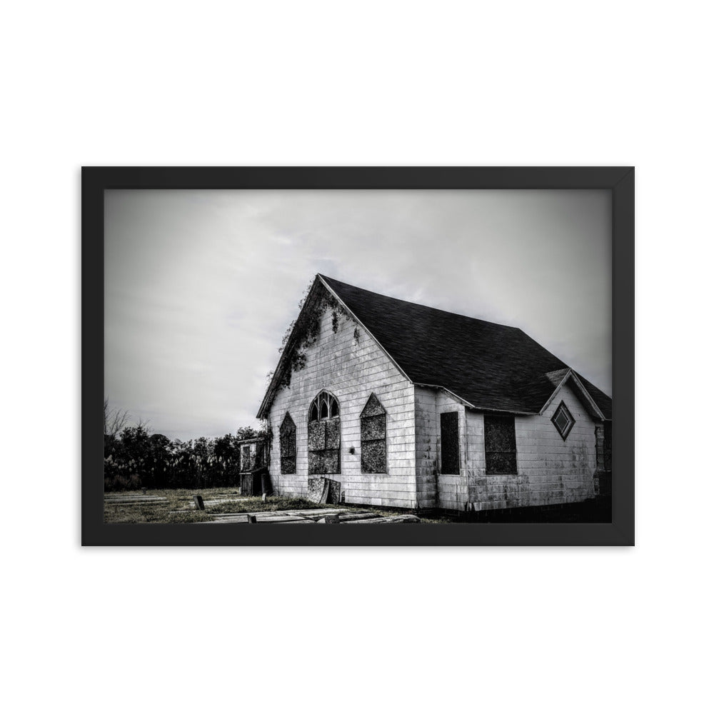 Abandoned church in a framed poster