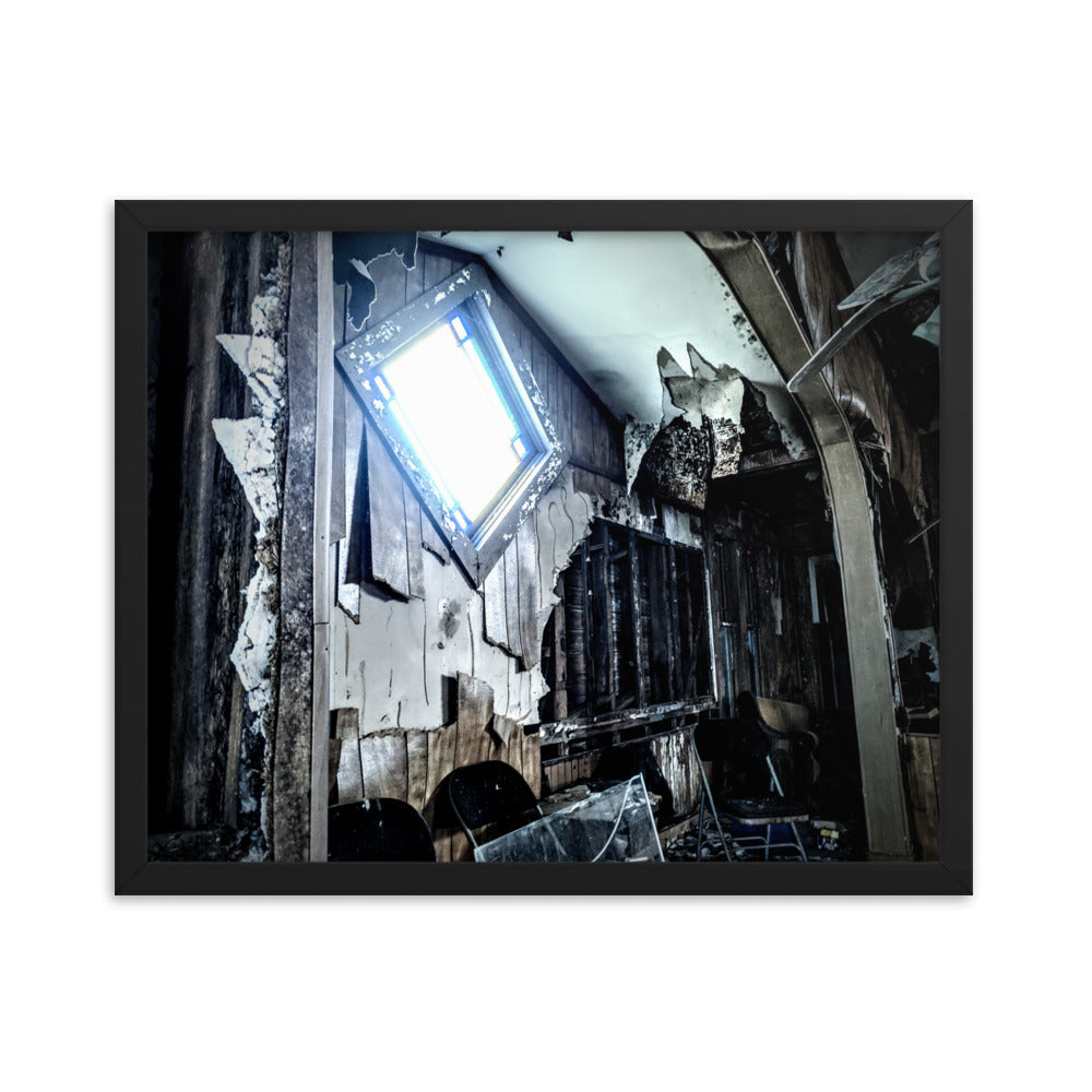 Abandoned church interior on a framed poster