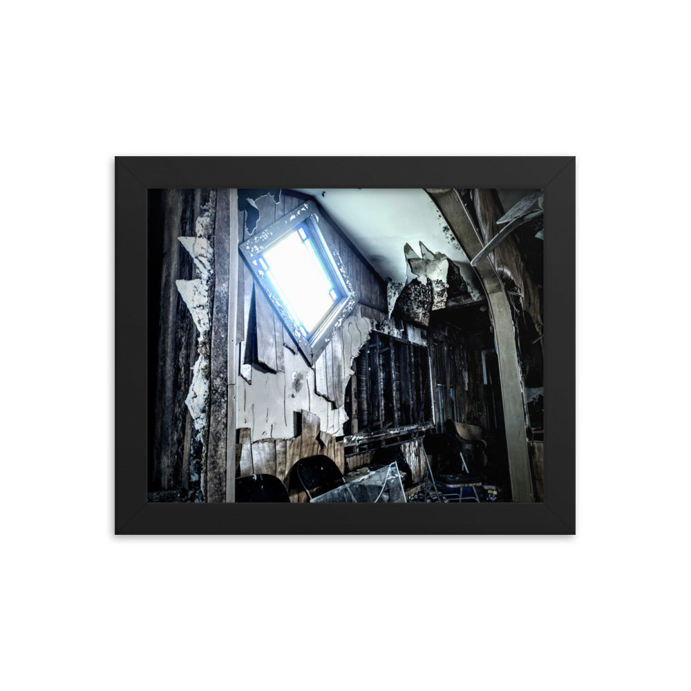 Abandoned church interior on a framed poster