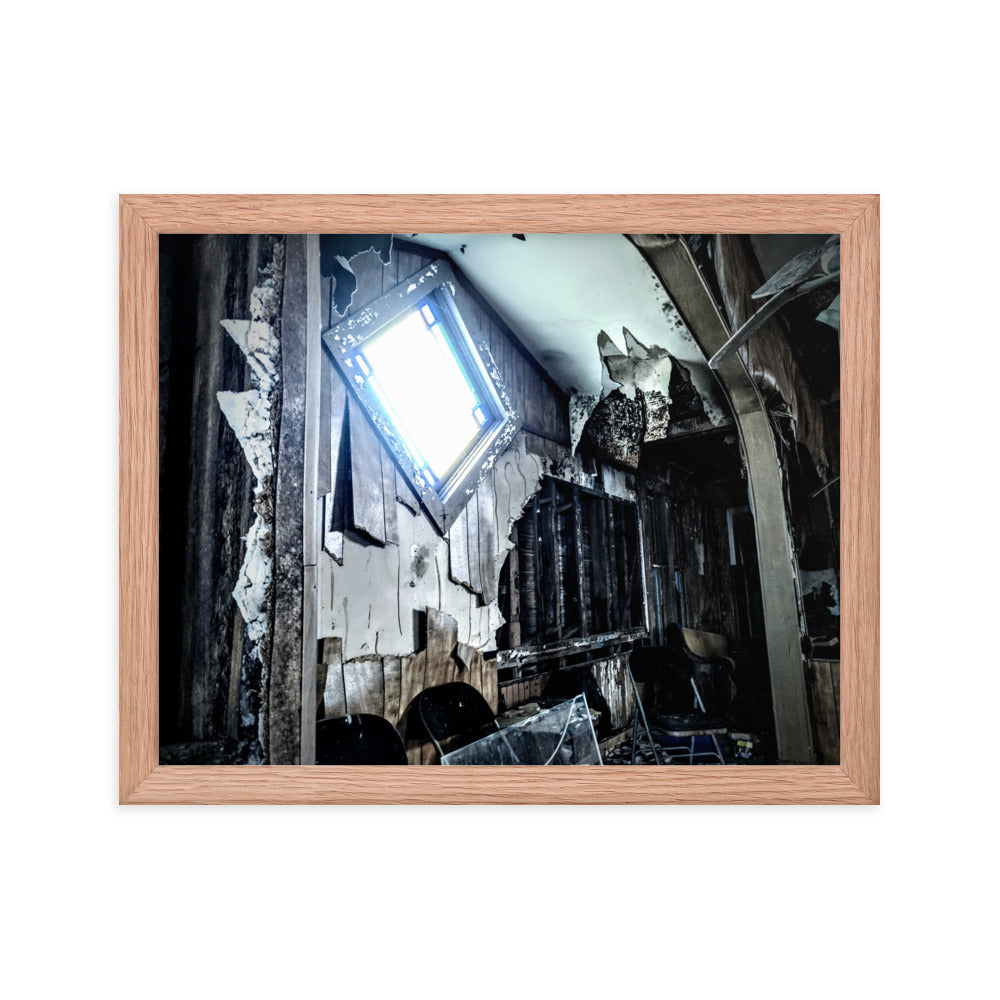 Abandoned church interior on a framed poster