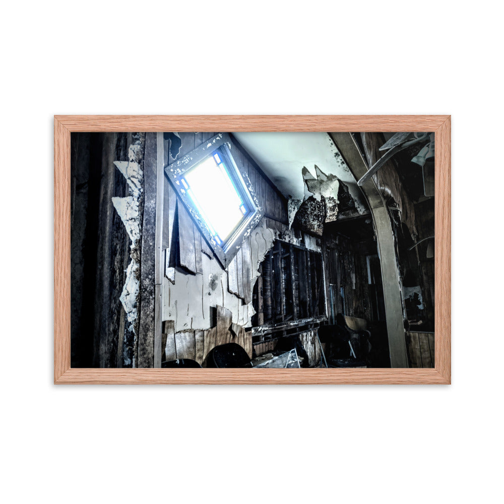 Abandoned church interior on a framed poster