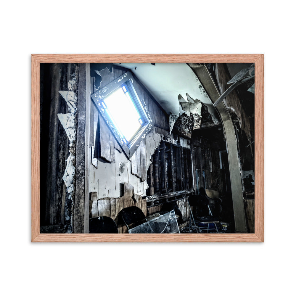 Abandoned church interior on a framed poster