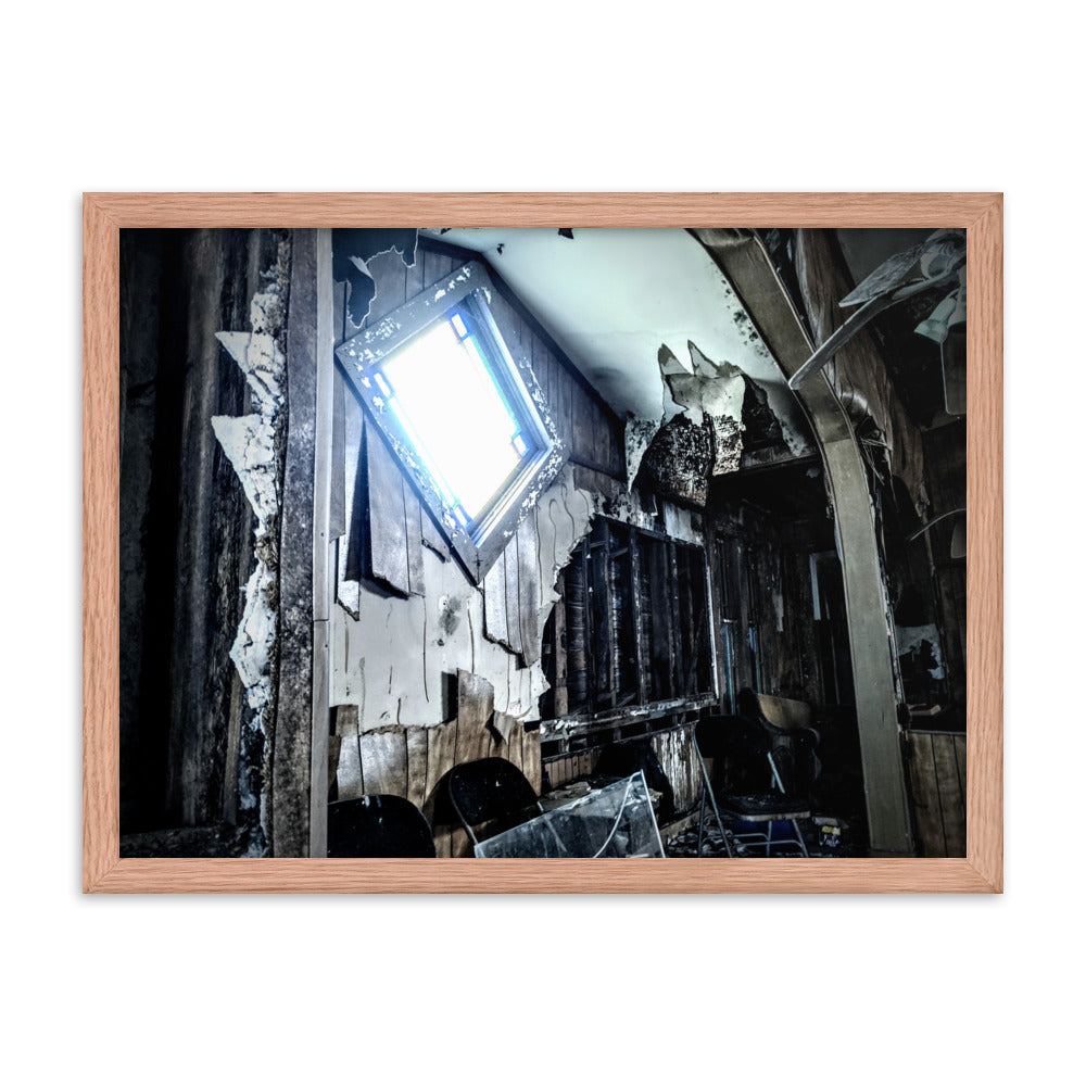 Abandoned church interior on a framed poster