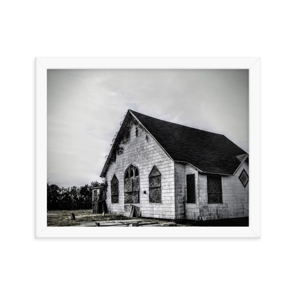 Abandoned church in a framed poster