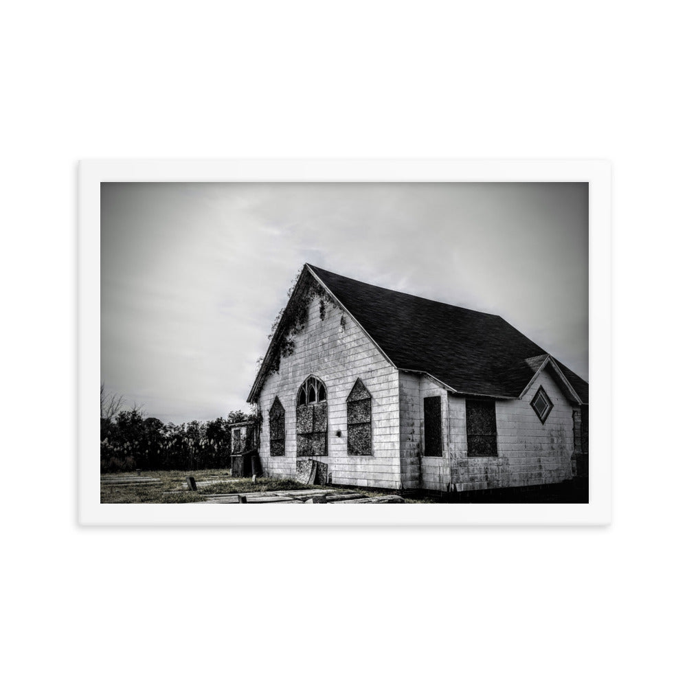 Abandoned church in a framed poster