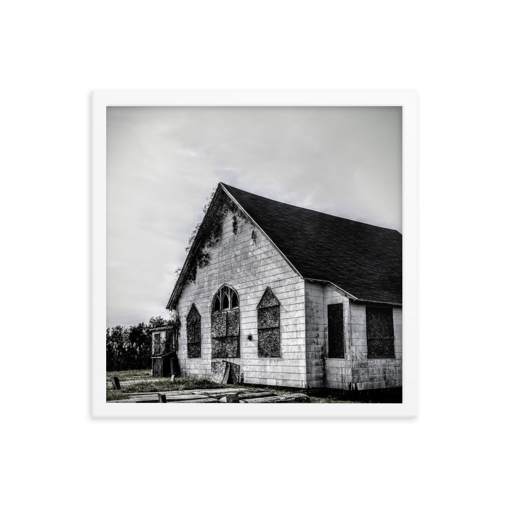 Abandoned church in a framed poster