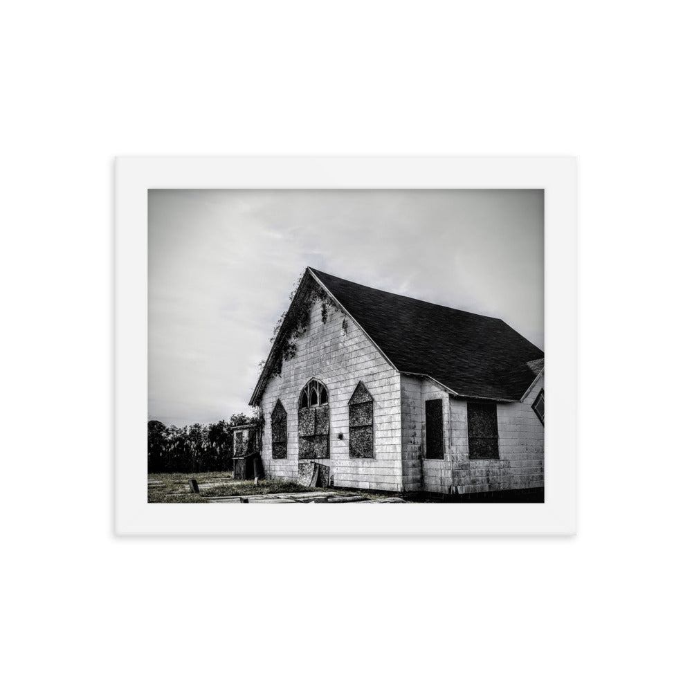 Abandoned church in a framed poster